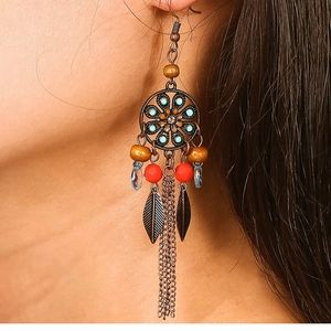 Round Pendant Tassel Earrings, 2pcs Elegant Retro Leaf Shaped Pendant Earrings